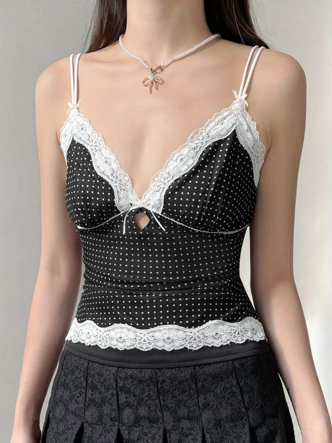 Devine Lace Detail Polka Dot V-Neck Cami - Hovatok