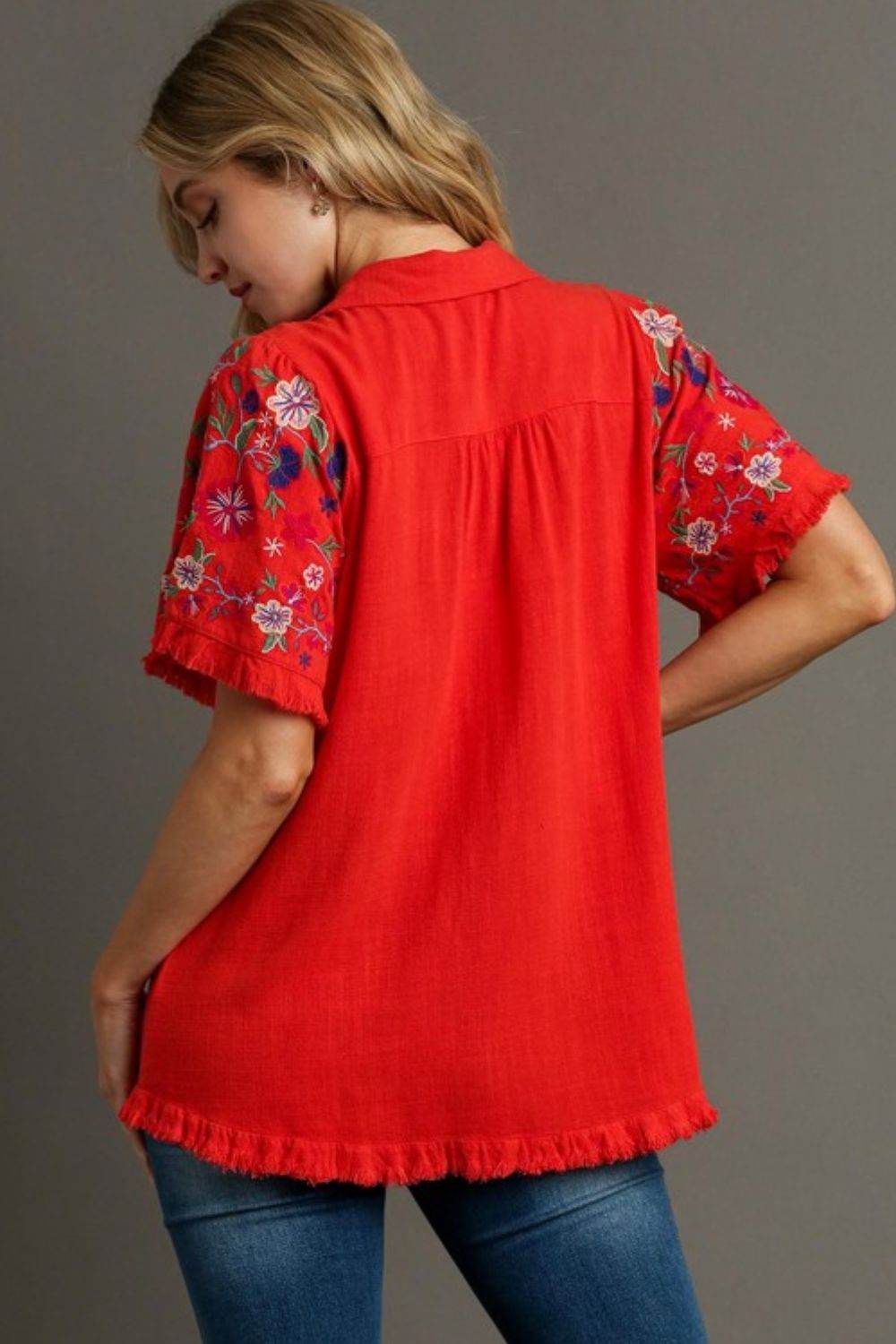 Umgee Full Size Linen Shirt with Embroidered Sleeves Plus Size - Hovatok