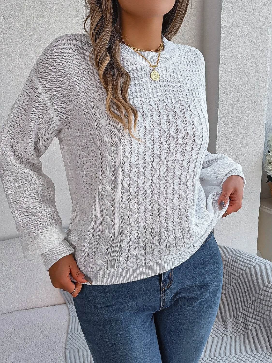 Cable-Knit Round Neck Long Sleeve Sweater - Hovatok