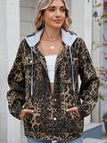 Pocketed Leopard Long Sleeve Denim Jacket - Hovatok