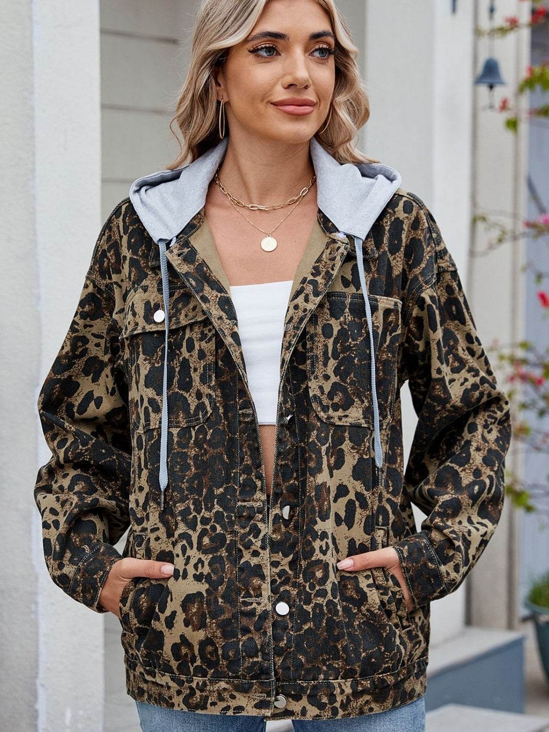 Pocketed Leopard Long Sleeve Denim Jacket - Hovatok