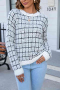 Angel Wings Plaid Round Neck Long Sleeve Pullover Sweater - Hovatok