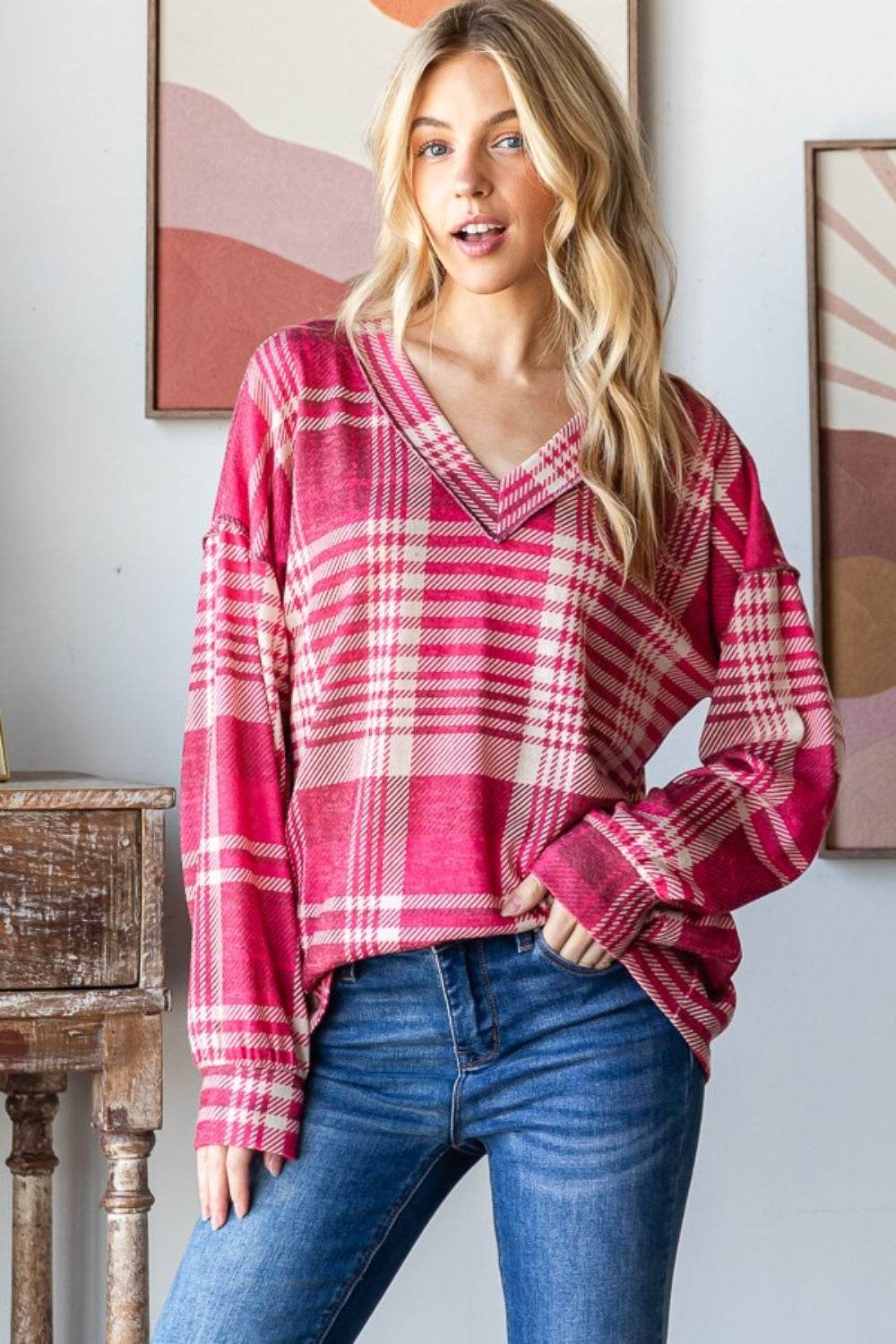 Heimish Plaid Drop Shoulder V-Neck T-Shirt - Hovatok