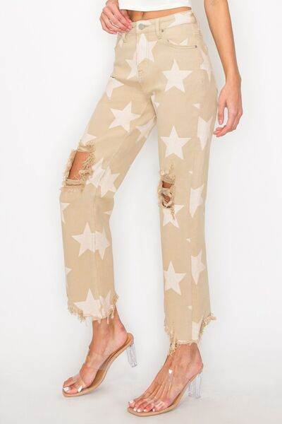 RISEN Full Size High Rise Star Printed Frayed Hem Jeans - Hovatok