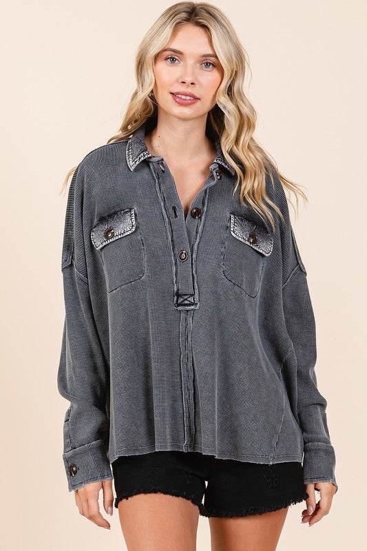 Mittoshop Mineral Wash Waffle Knit Collared Neck Henley Top - Hovatok