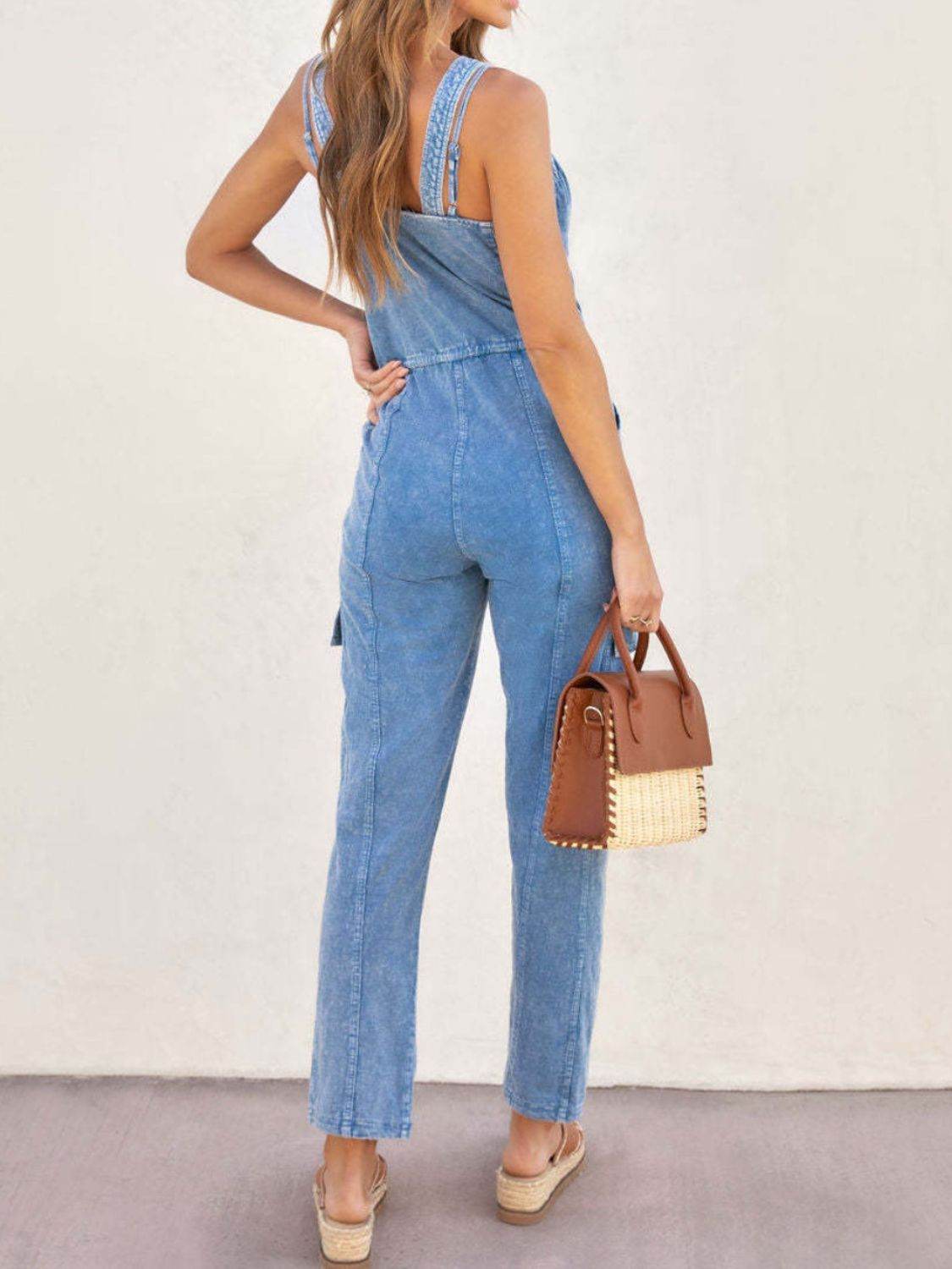 V-Neck Sleeveless Denim Jumpsuit - Hovatok