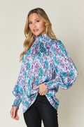Double Take Full Size Printed Smocked Long Sleeve Blouse - Hovatok