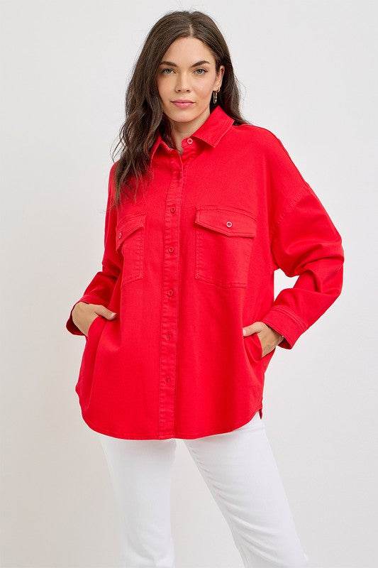 RISEN Button Down Long Sleeve Denim Shacket with Chest Pockets - Hovatok