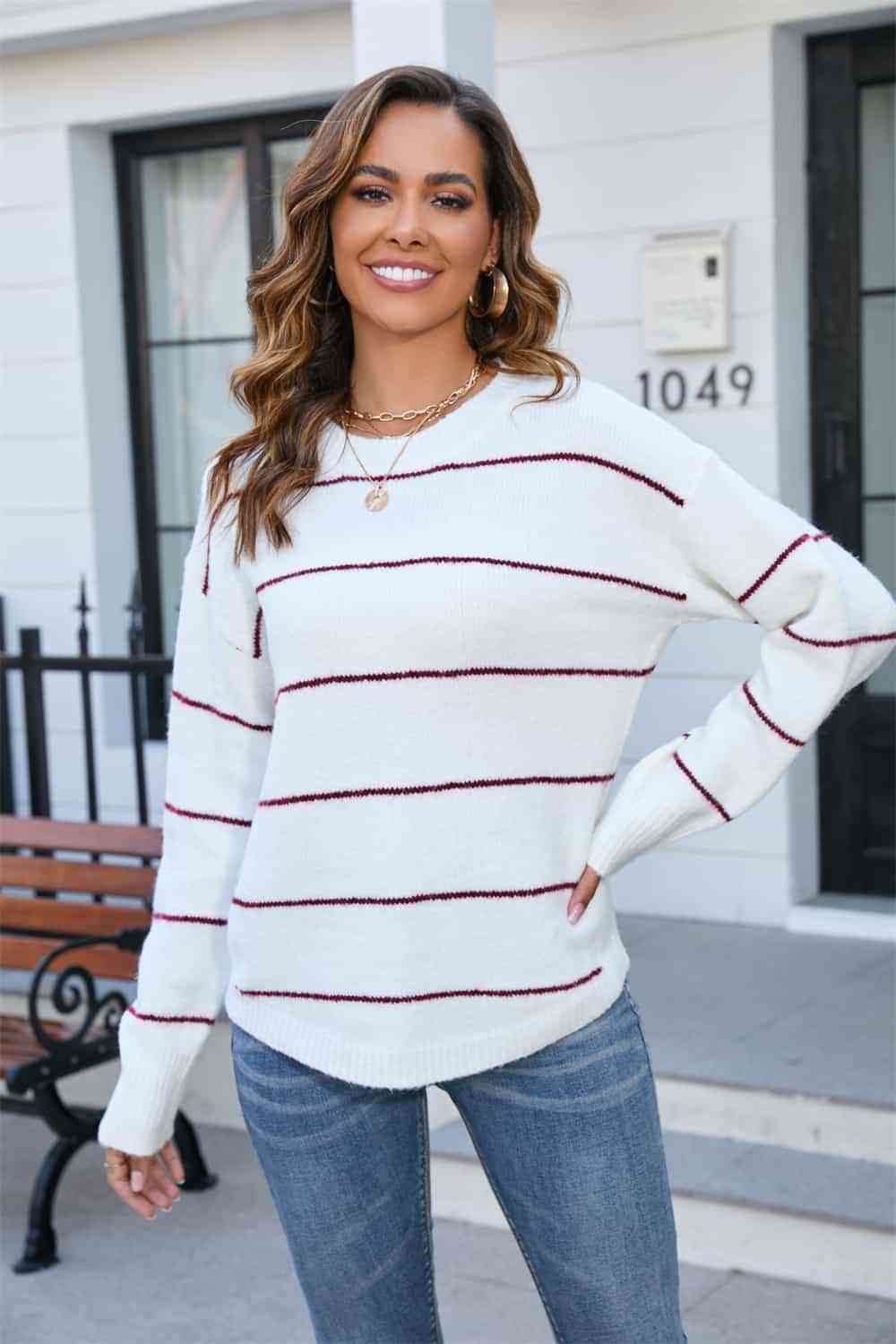 Angel Wings Striped Round Neck Long Sleeve Sweater - Hovatok