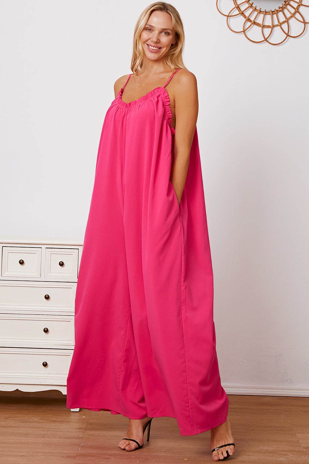 Double Take Full Size Ruffle Trim Tie Back Cami Jumpsuit with Pockets - Hovatok