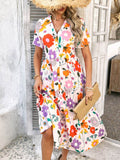 Devine Printed Johnny Collar Button Down Short Sleeve Midi Shirt Dress - Hovatok