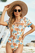 Cutout Printed Short Sleeve One-Piece Swimwear - Hovatok