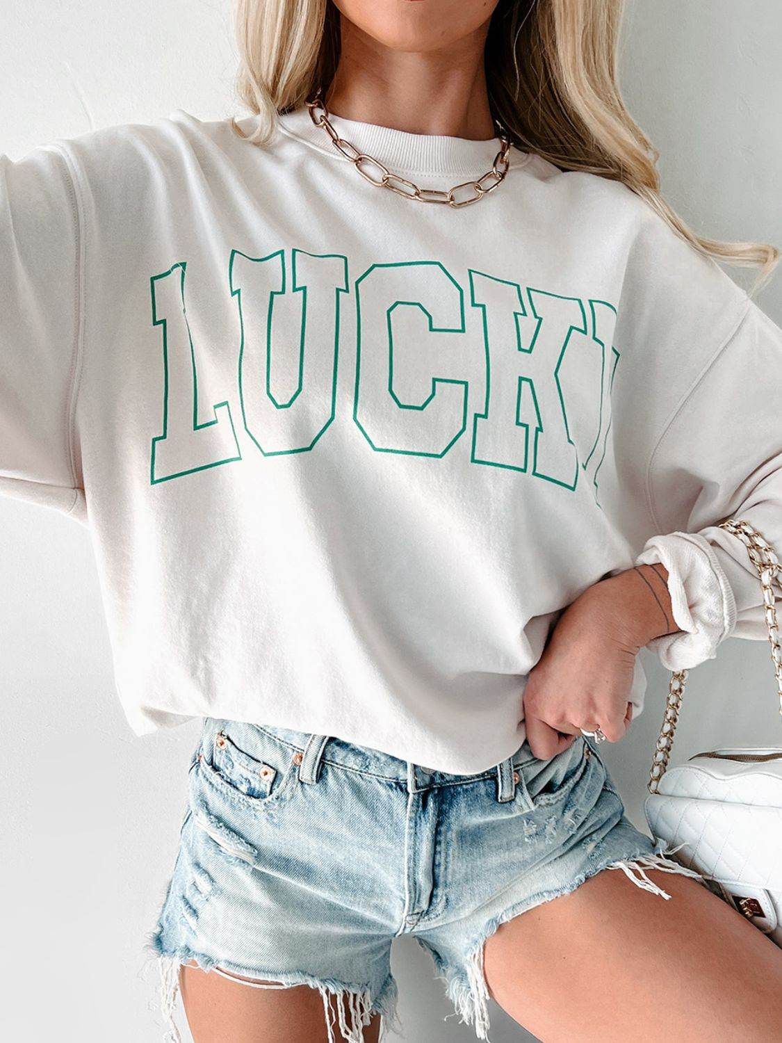 LUCKY Graphic Round Neck Long Sleeve Sweatshirt - Hovatok