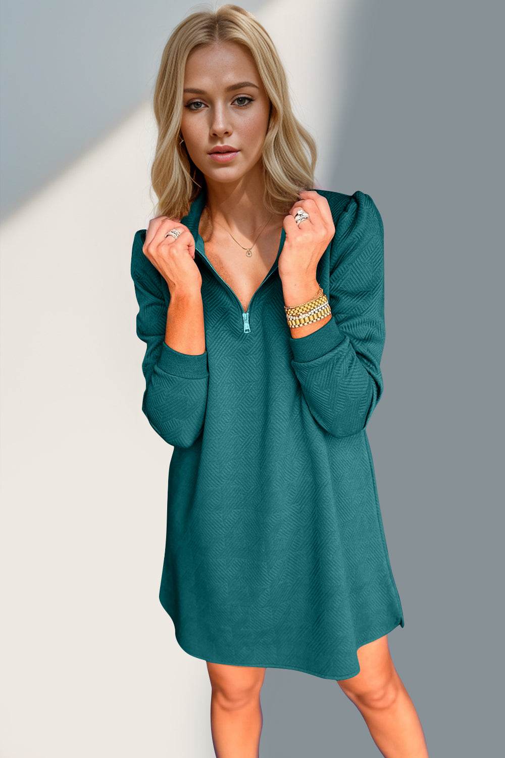 Double Take Textured Quarter Zip Long Sleeve Dress - Hovatok