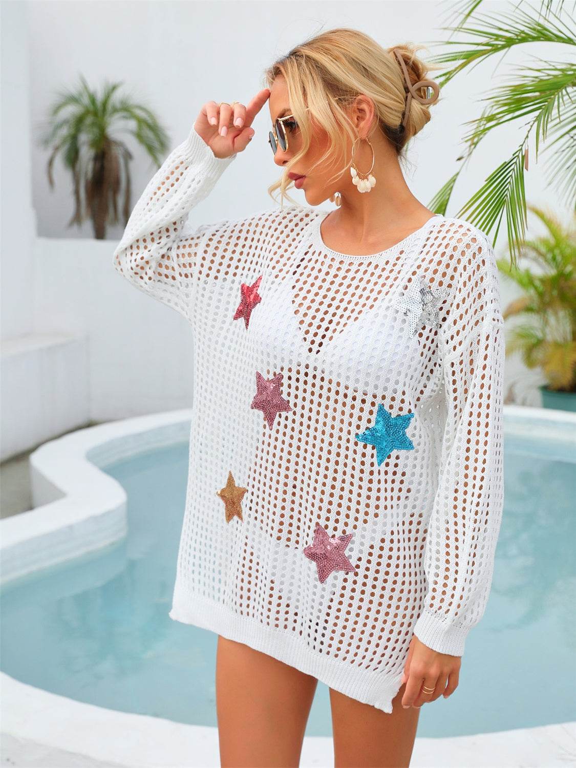 Angel Wings Sequin Star Round Neck Long Sleeve Cover Up - Hovatok