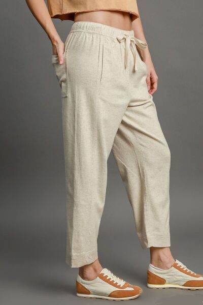Umgee Full Size Drawstring Elastic Waistband Linen Blend Pants Plus Size - Hovatok