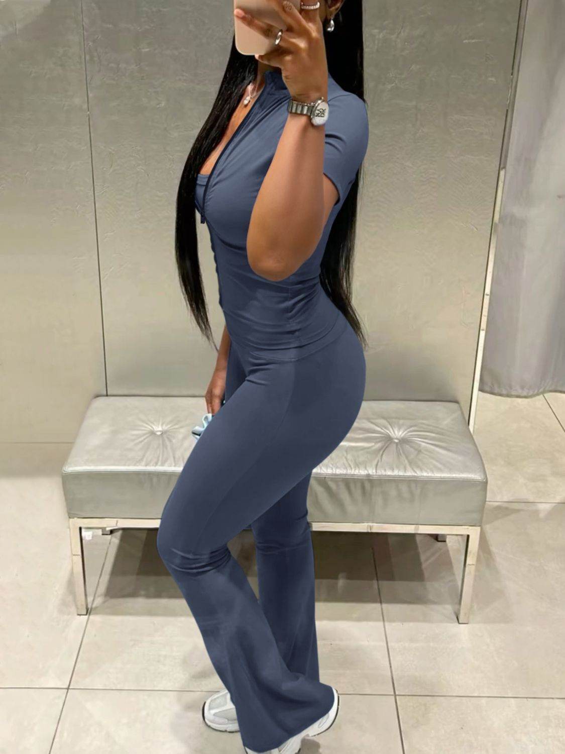 Devine Zip Up Top and Bootcut Leggings Set - Hovatok