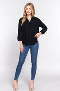 ACTIVE BASIC Full Size Notched Long Sleeve Woven Top - Hovatok