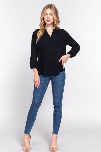 ACTIVE BASIC Full Size Notched Long Sleeve Woven Top - Hovatok