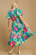 Umgee Full Size Tiered Floral Print Notched Puff Sleeve Midi Dress Plus Size - Hovatok
