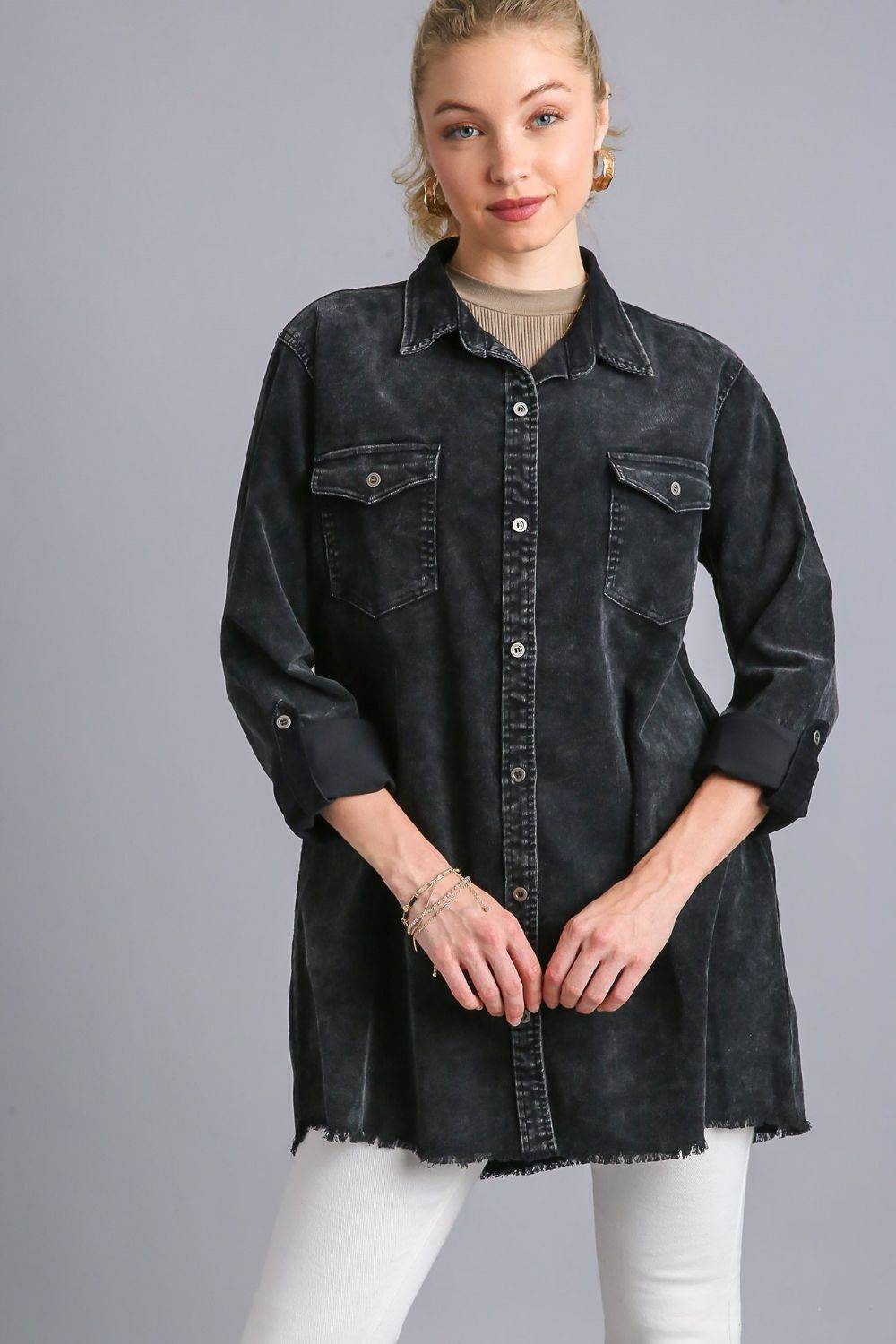 Umgee Raw Hem Button Down Denim Jacket with Chest Pockets - Hovatok