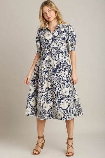 Umgee Full Size Printed Smocked Cuff Puff Sleeve Midi Dress Plus Size - Hovatok