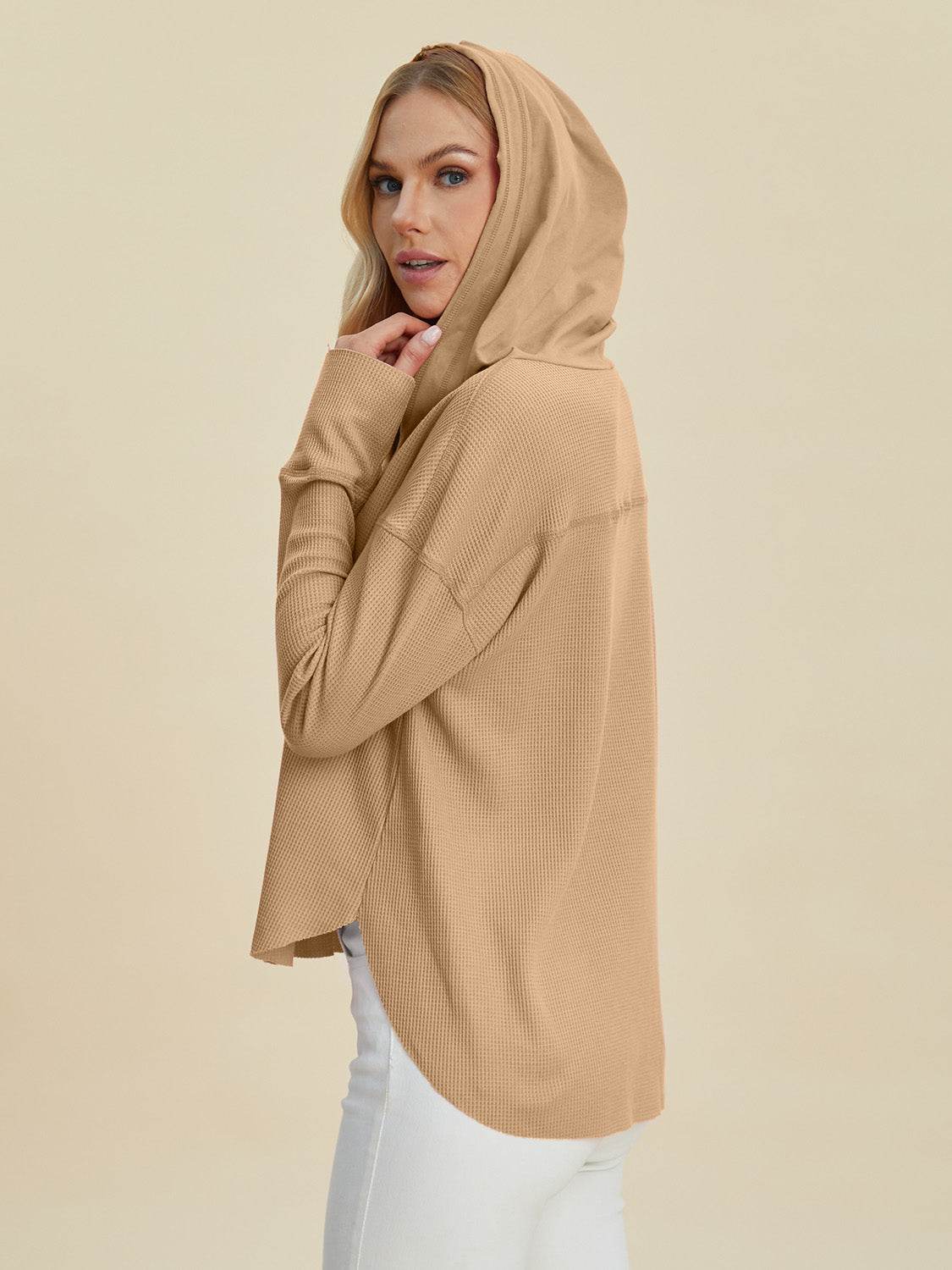 Double Take Full Size High-Low Dropped Shoulder Long Sleeve Hoodie - Hovatok