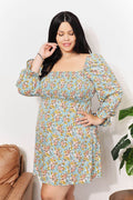 Honey Floral Smocked Flounce Sleeve Square Neck Dress - Hovatok