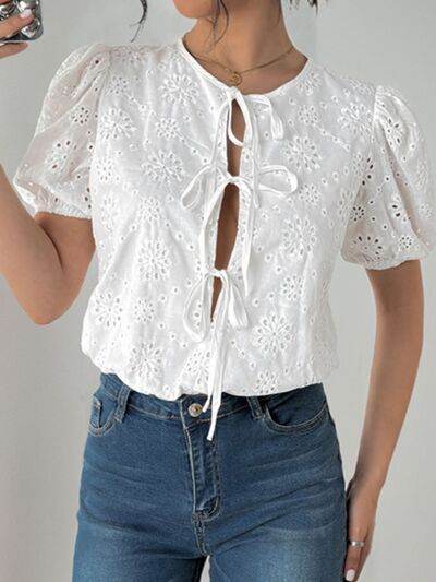 Perfee Tied Eyelet Short Sleeve Bodysuit - Hovatok