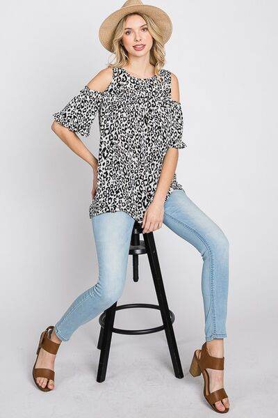 Heimish Full Size Leopard Round Neck Cold Shoulder T-Shirt Plus Size - Hovatok