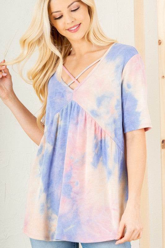 Heimish Full Size Crisscross Tie Dye Babydoll Top Plus Size - Hovatok