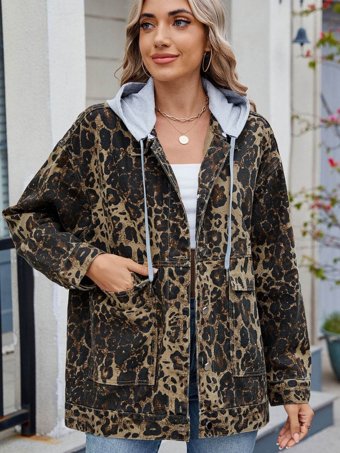 Leopard Button Up Drop Shoulder Denim Jacket - Hovatok