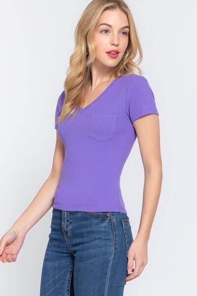 ACTIVE BASIC V-Neck Ribbed Short Sleeve Knit T-Shirt - Hovatok