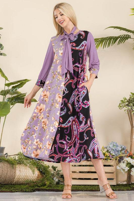 Celeste Full Size Paisley And Floral Contrast Tent Midi Dress Plus Size - Hovatok