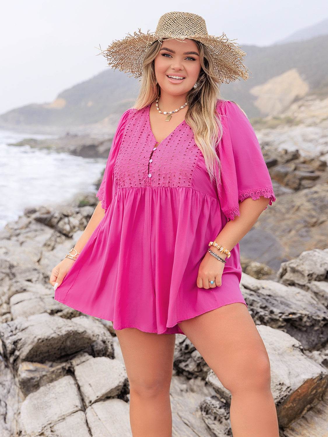 Plus Size Lace Detail V-Neck Half Sleeve Romper - Hovatok