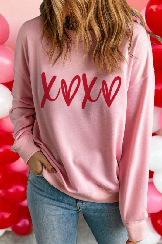 Valentine’s Day XOXO Round Neck Drop Shoulder Sweatshirt - Hovatok