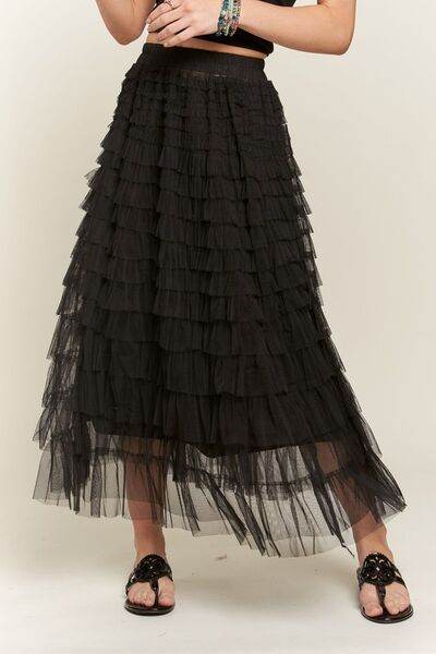 ADORA Elastic Waist Layered Mesh Midi Skirt - Hovatok