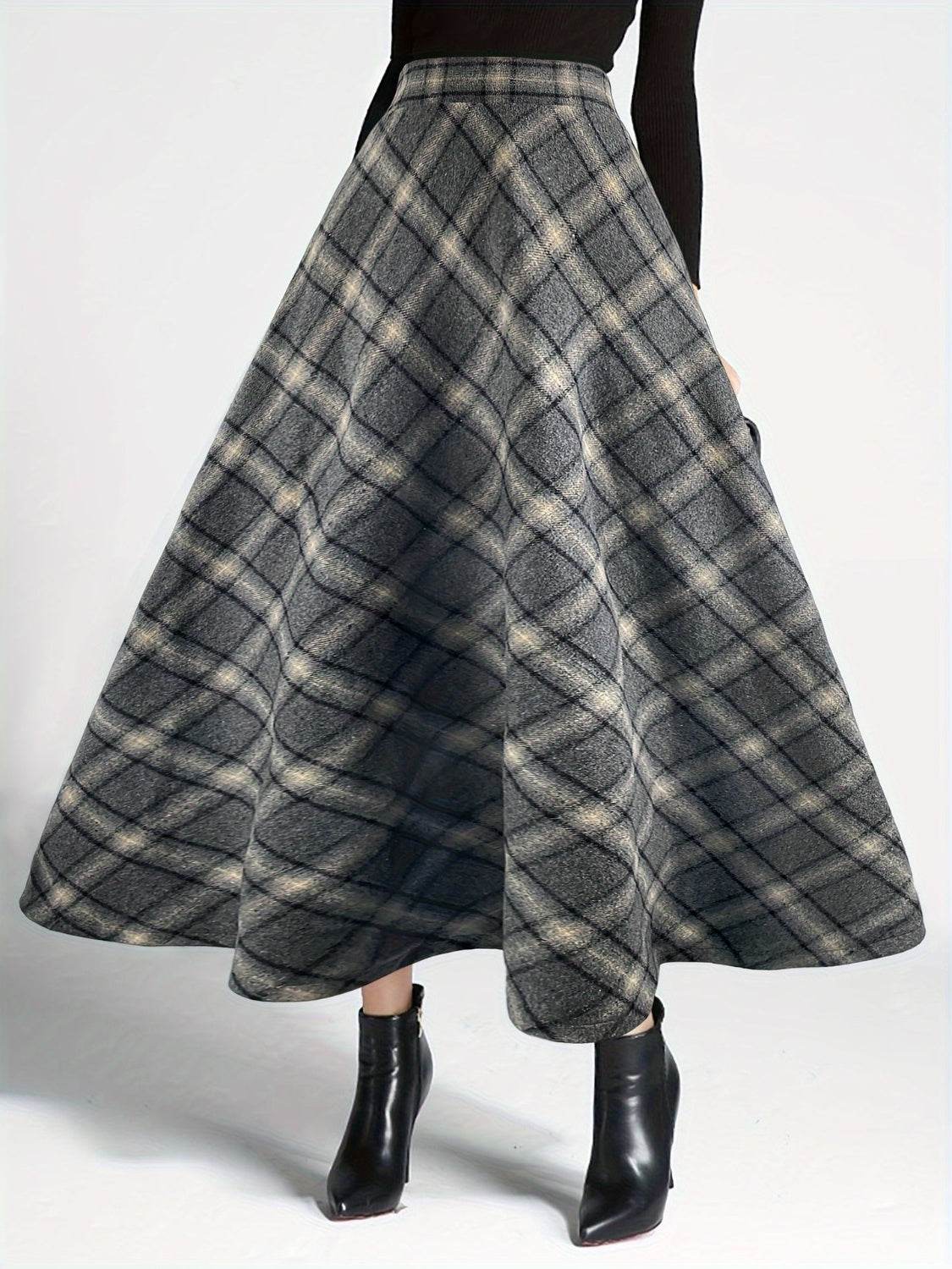 Plaid Elastic Waist Midi Skirt - Hovatok