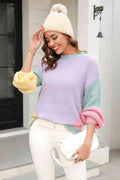 Angel Wings Color Block Round Neck Drop Shoulder Sweater - Hovatok