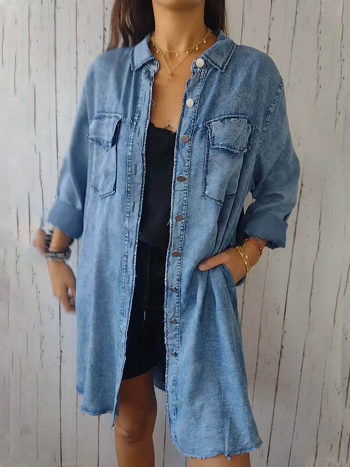 Full Size Raw Hem Button Up Long Sleeve Denim Top Plus Size - Hovatok