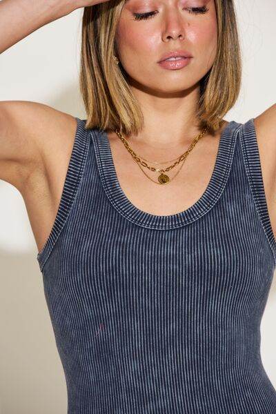 Zenana Ribbed Washed Round Neck Sleeveless Romper - Hovatok