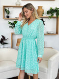 Double Take Full Size Printed Ruched V-Neck Long Sleeve Dress - Hovatok