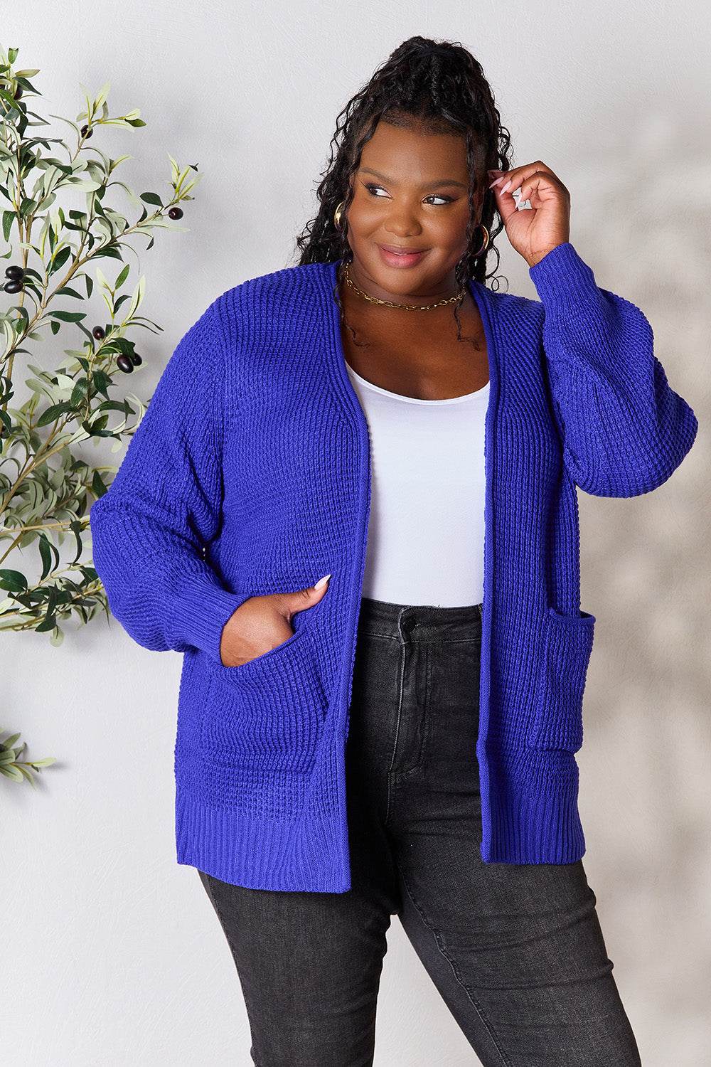 Zenana Full Size Waffle-Knit Open Front Cardigan - Hovatok