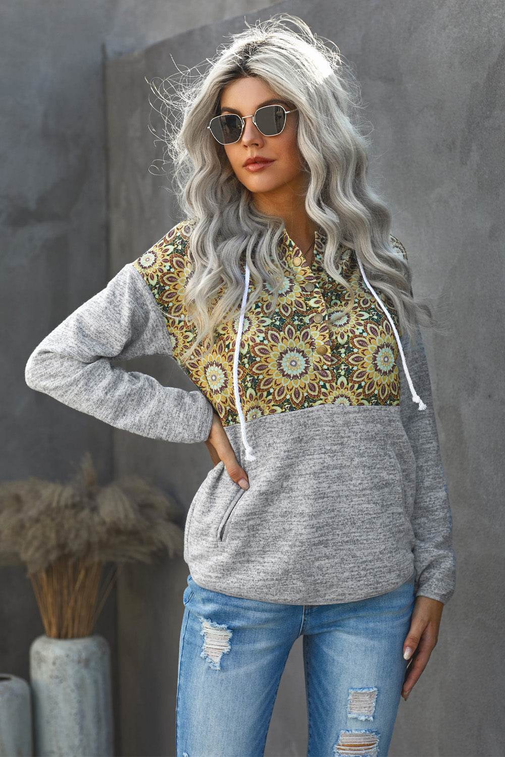 Floral Drawstring Half Snap Hoodie - Hovatok