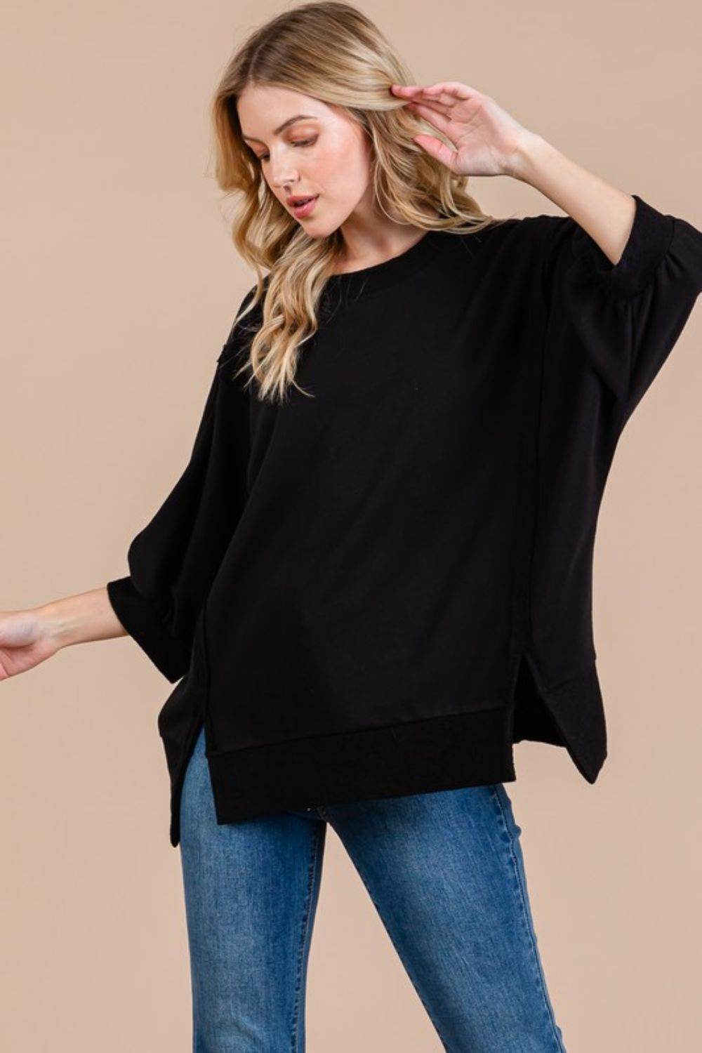 Ces Femme Side Slit Drop Shoulder Puff Sleeve Sweatshirt - Hovatok