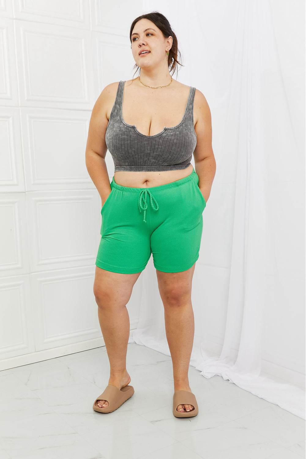 Blumin Apparel Too Good Full Size Ribbed Shorts in Green - Hovatok