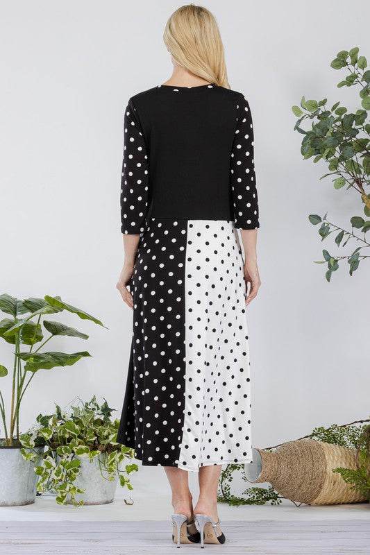Celeste Full Size Polka Dot Front Tie Midi Dress Plus Size - Hovatok