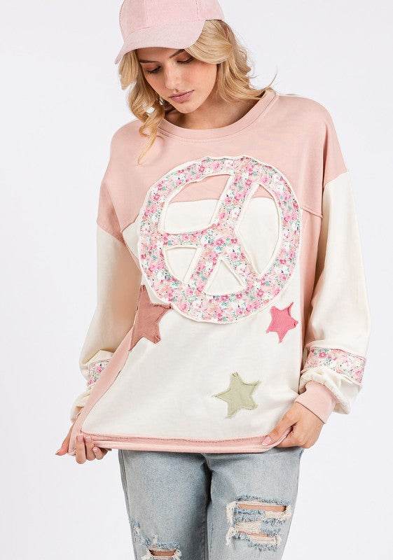 SAGE + FIG Peace & Star Patch Contrast Round Neck Sweatshirt - Hovatok