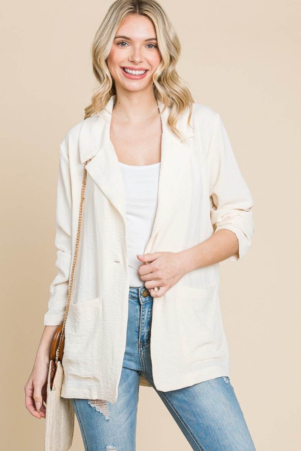 Culture Code One Button Long Sleeve Blazer with Pockets - Hovatok
