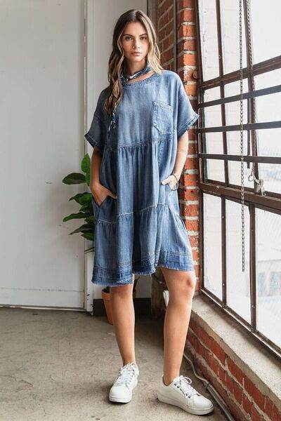 Mittoshop Washed Chambray Denim Oversized Tier Mini Dress - Hovatok